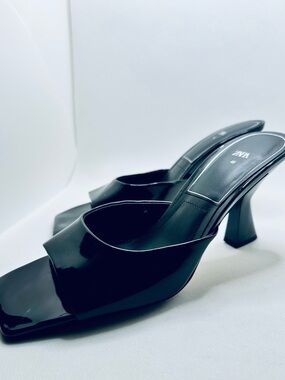 Zara Glossy Black Square-Toe Mule Heels
